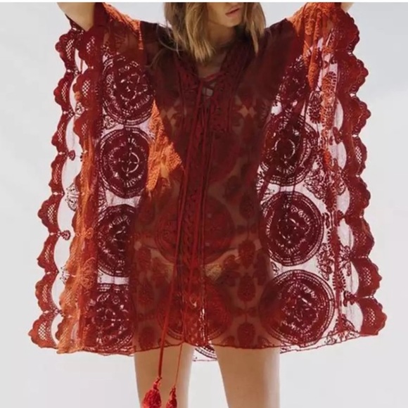 SOLD OUT Bohemian Rust Scalloped Lace Embroidered Cover Up - Picture 2 of 8